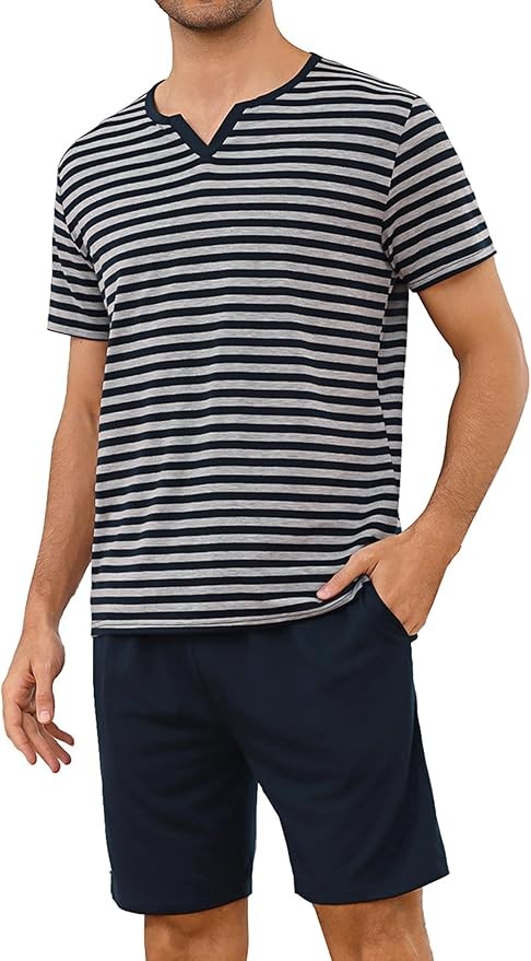 Baumwolle Pyjama Set Herren kurz Streifen Nachtwäsche Marineblau Grau XL