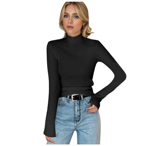 rollkragenpullover damen langarmshirt slim fit einfarbig elegant casual longsleeve schwarz L