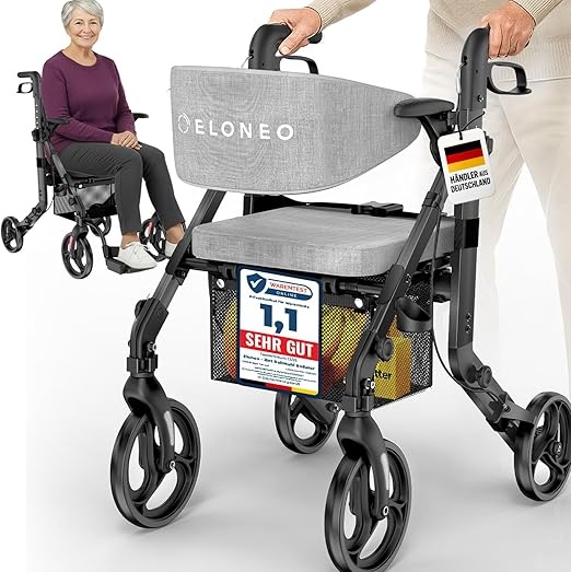 ELONEO 2 in 1 Rollstuhl Rollator faltbar leicht Aluminium Sitz diverse Farben