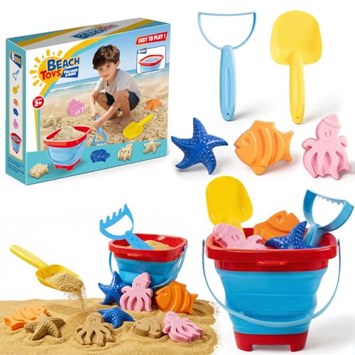 Sandspielzeug Set mit Silikoneimer, Schaufel, Rechen, Förmchen, Tasche, 3-10 Jahre