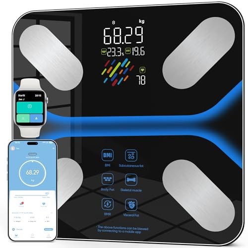 Körperfettwaage Digital mit Bluetooth, 22 Körperanalysewerte, 180kg, 4 Elektroden