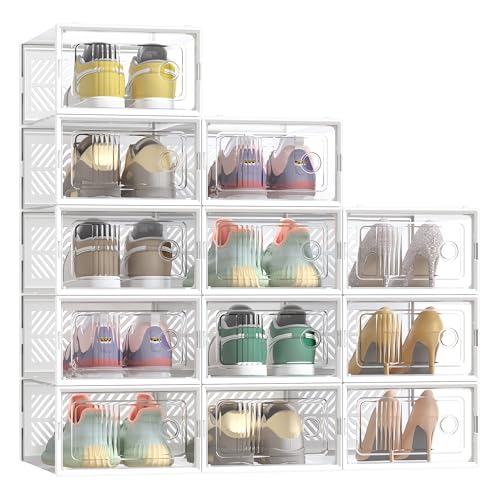 SONGMICS Schuhboxen 12er Set, faltbar, stapelbar, transparent, bis Größe 43