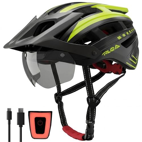 RLQA Fahrradhelm Herren Damen MTB Rennrad mit abnehmbarem Visier und LED-Rücklicht