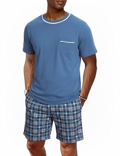 Herren Schlafanzug kurz Baumwolle Shorty Pyjama Set T-Shirt und karierte Hose