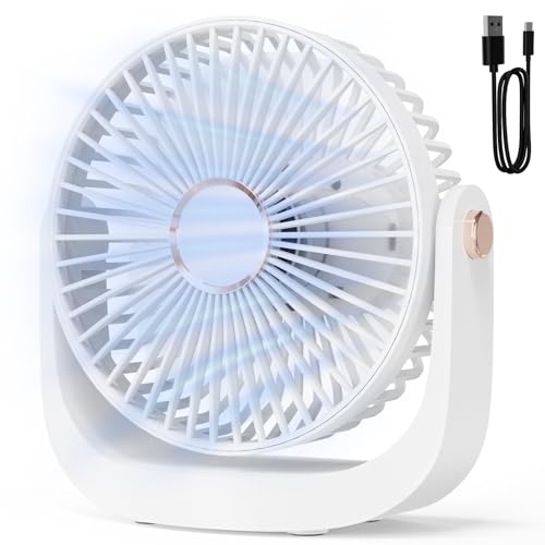 AICPAN Tischventilator leise, 3000mAh USB, 5 Geschwindigkeiten, 360 Neigung, Weiß