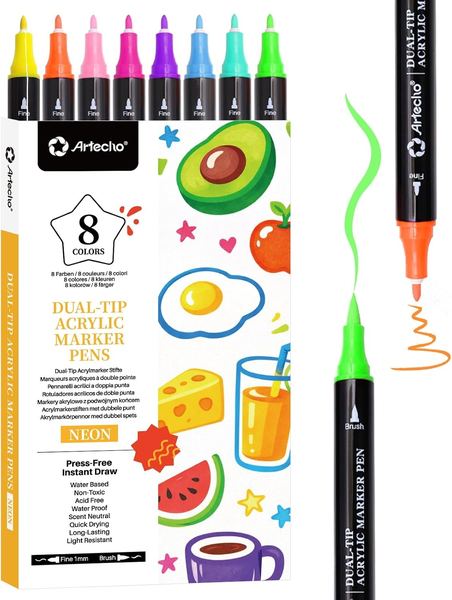 Artecho Acrylstifte 8 Fluoreszierend, Dual Tip Marker 0.5-5mm für Rock, Glas, Holz