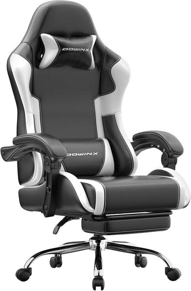 Dowinx Gaming Stuhl ergonomisch mit Massage, höhenverstellbaren Armlehnen, Fußstütze, 150 neigbar, bis 180 kg, Weiß