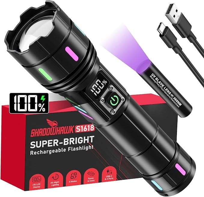 Produktbild: Shadowhawk S1618 LED Taktische Taschenlampe  USB-C, 5.000 mAh, IP67, Mini-UV