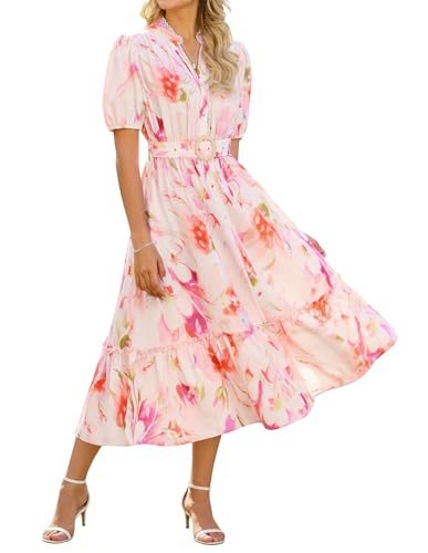 Damen Midikleid Rosenrot V-Ausschnitt Puffärmel Blümchenmuster Rüschensaum