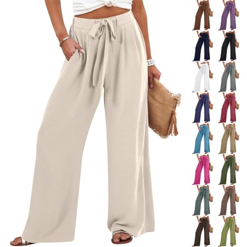 Damen Palazzo Hose Baumwoll-Leinen Weites Bein Hohe Taille mit Taschen Sommer