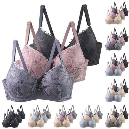 Damen BH Set 3er Pack Push Up Spitze Bügel BHs mit verstellbaren Trägern