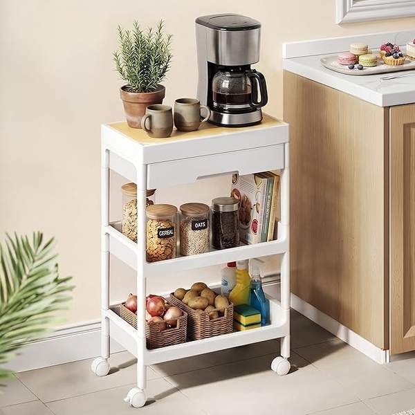 SONGMICS Servierwagen mit Rollen, 3 Ebenen, abnehmbare Deckplatte, Schublade