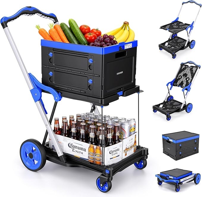 COOCHEER Einkaufswagen klappbar, 90kg Traglast, 2-Etagen Design, höhenverstellbar