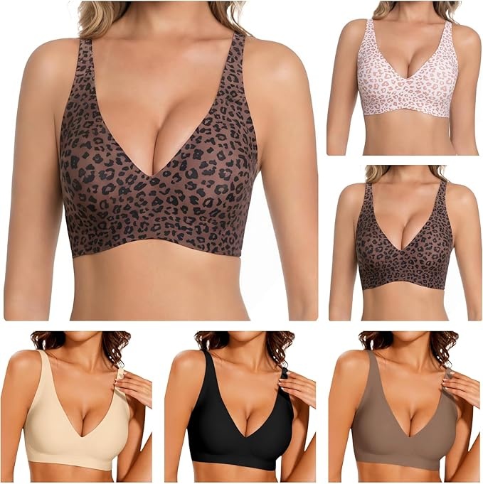 Damen Nahtloser BH Ohne Bügel, V-Ausschnitt, Leoparden Push Up Bralette