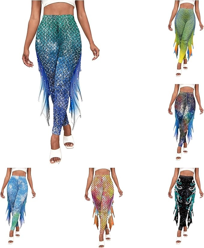 Produktbild: Meerjungfrau Kostüm Damen Glänzende Leggings mit Tüll Fischschuppen Druck Karneval