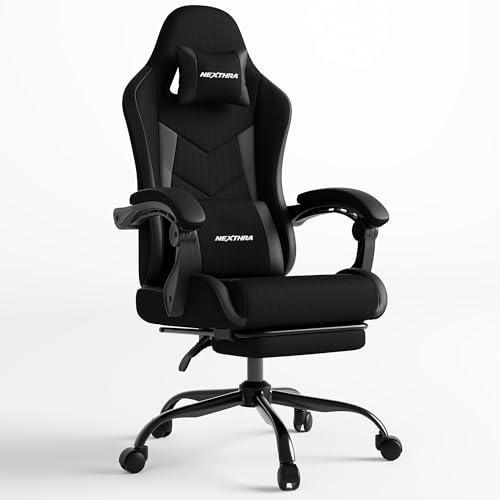 Ergonomischer Gaming Stuhl mit Fußstütze, bis 180 kg, 150 verstellbar, Schwarz