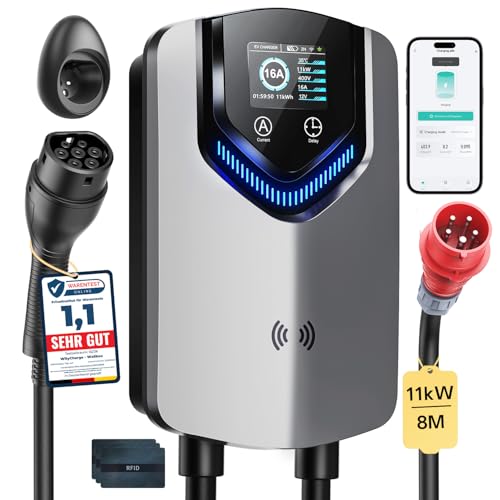 11kW Wallbox Typ 2 3-Phasig EV-Ladegerät 400V, 616 A, 8M Kabel, RCD Typ B, IP54