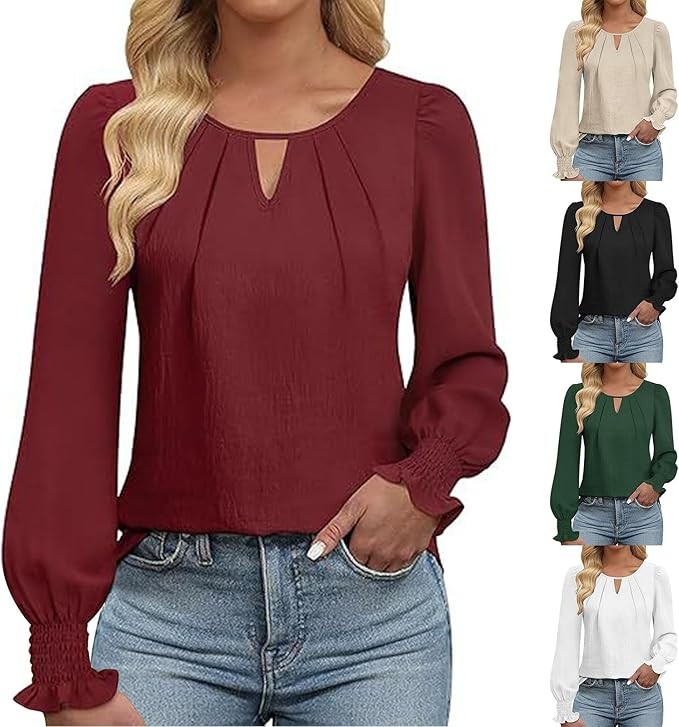 Produktbild: Langarm T-Shirts Damen V-Ausschnitt Spitzen Hemdbluse Chiffon Plissee Tunika