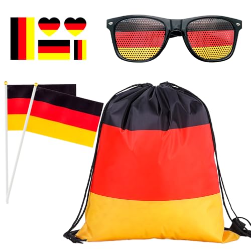 5-TLG Deutschland Fanartikel Set 2026 - Turnbeutel, Fanbrille, 2 Fahnen & Tattoos
