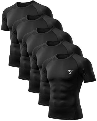 YESWEL Herren Kompressionsshirt Kurzarm 5er Pack, Atmungsaktiv Funktionsshirt Schwarz XL
