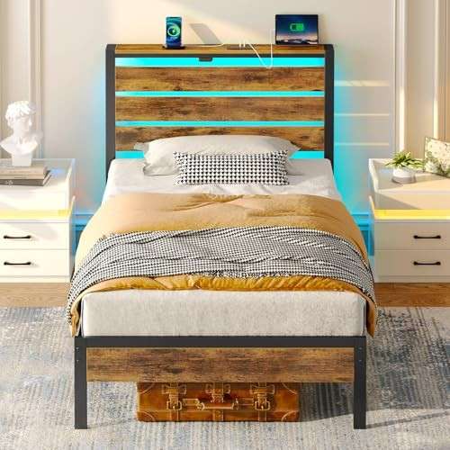 Rolanstar Bettgestell mit LED und USB, Metall-Holzkopfteil, 90x200, Vintagebraun