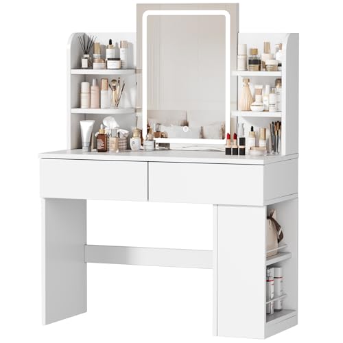 JUMMICO Schminktisch mit Spiegel und 3-farbiger LED-Beleuchtung, 2 Schubladen, weiß