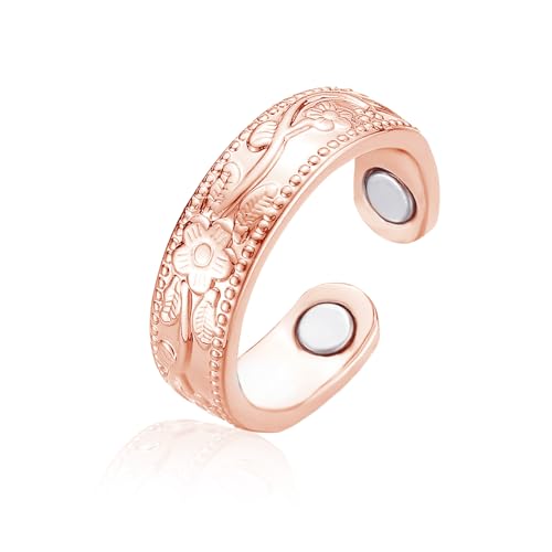 Anti Stress Ring Rose Gold Blüten Design, Verstellbar, Magnetring für Damen