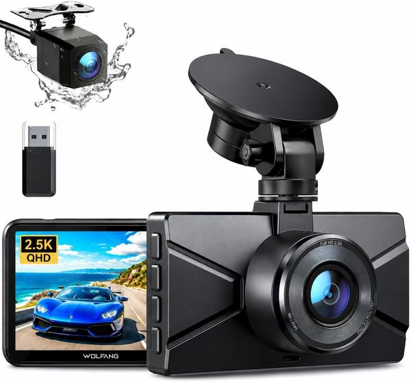 WOLFANG Dashcam Auto 2,5K vorne & 1080P hinten, zwei Kameras