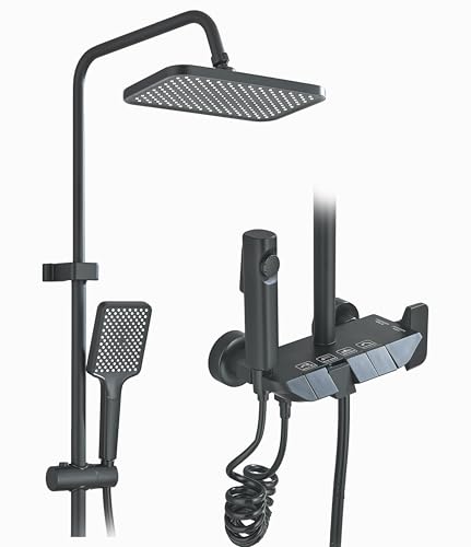 Hevenaov Duscharmatur Set Edelstahl, Schwarz, Regenduschkopf, verstellbare Duschstange