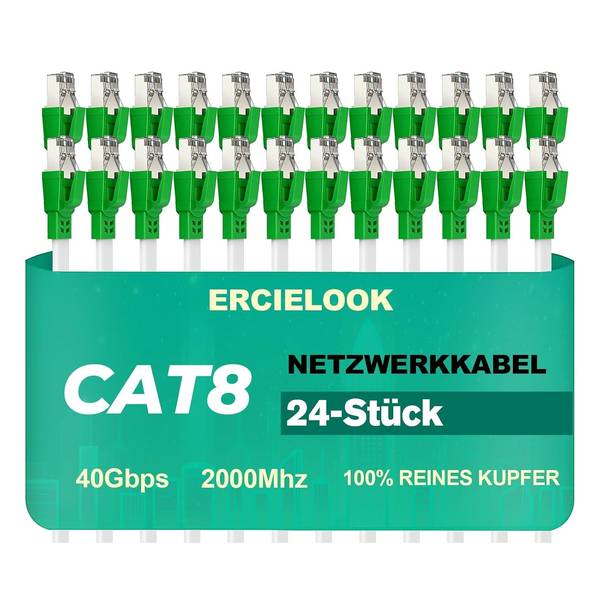 Cat8 Lan-Kabel 0,15m Flachkabel, 40 Gbit/s, 24 Stück Ercielook