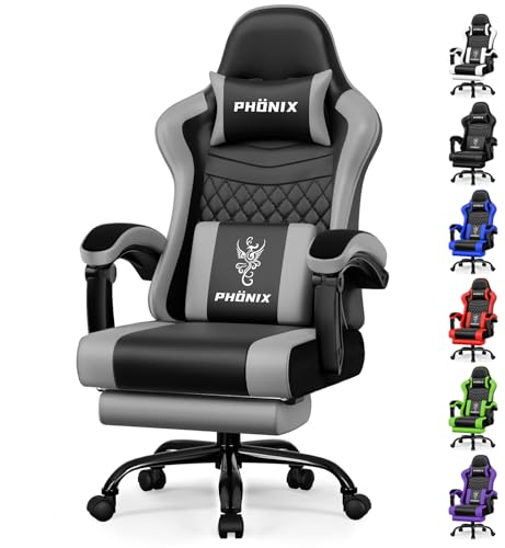 Gaming Stuhl mit Fußstütze, ergonomischer Bürostuhl, neigbare Rückenlehne, Grau, 150 kg