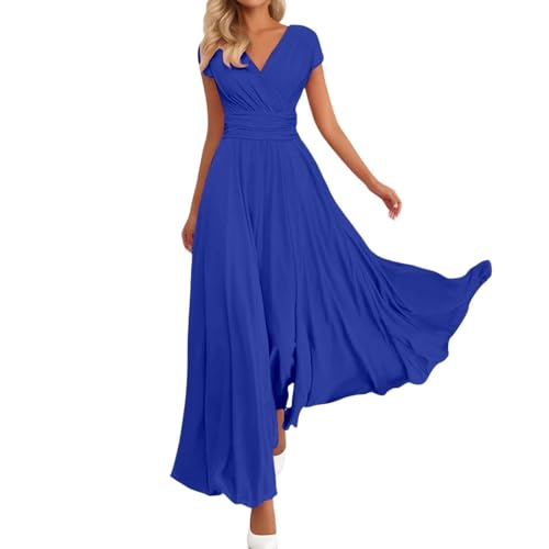 Sommerkleid Damen Maxikleid Elegant Chiffon A-Linie V-Ausschnitt mit Ärmeln