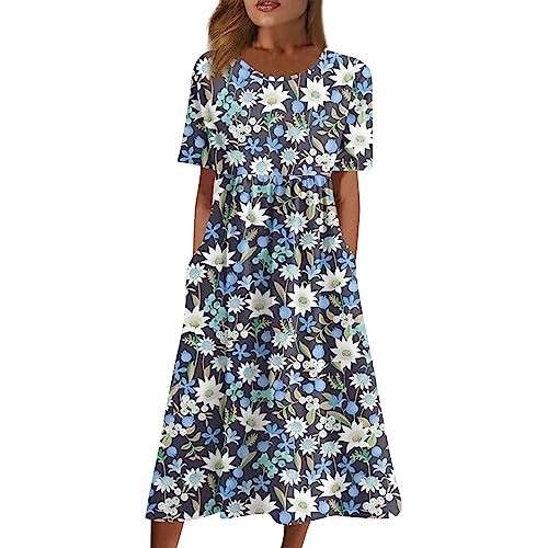 Sommerkleid Damen A-Linie Midi Strandkleid Elegant Blumendruck Rundhals