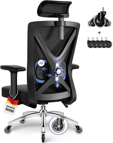 Ergonomischer Bürostuhl Daccormax mit verstellbaren Armlehnen, Lendenstütze und Kopfstütze, 200kg, Schwarz