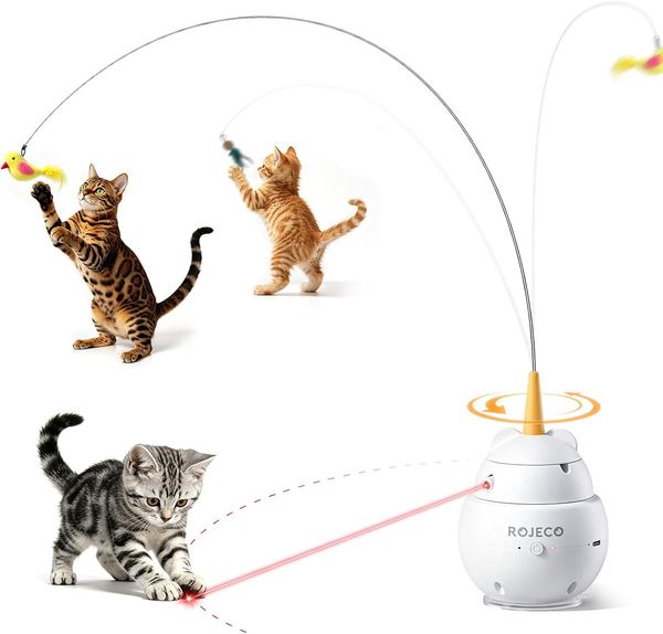 ROJECO 2-in-1 Katzenspielzeug mit Laser und Katzenangel, 3 Modi, USB-aufladbar