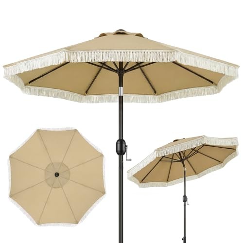 Sonnenschirm 200 cm mit Fransen, UV-Schutz, Kurbel & Knickfunktion, Khaki