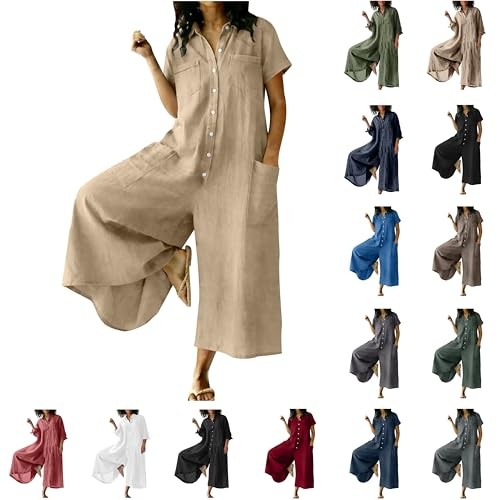 Damen Jumpsuit Langarm Elegant Weites Bein Vintage Leinen Playsuit Mit Taschen