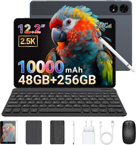 TABWEE 12 Zoll Tablet 48 GB + 256 GB mit Tastatur und Stift, 10000 mAh
