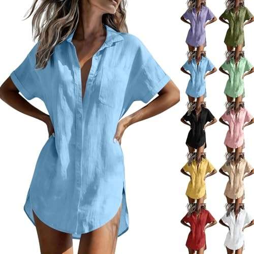 Musselin Bluse Damen Kurzarm V-Ausschnitt Baumwolle Einfarbig Loose Tunika Hemd