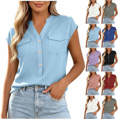 Damen Bluse V-Ausschnitt Kurzarm Hemdbluse mit Brusttaschen für Business Casual
