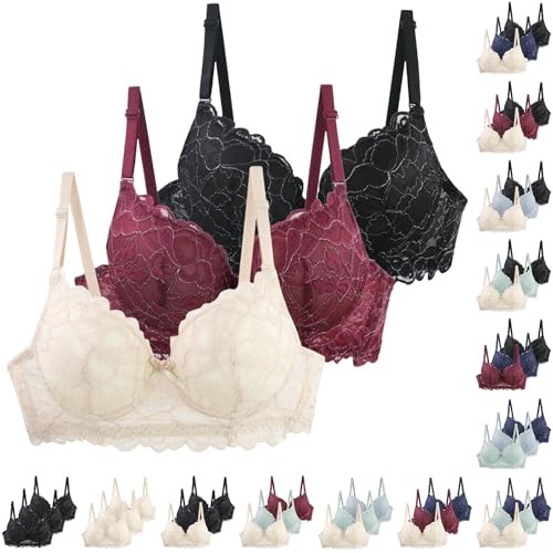 Damen BH Set 3er Pack Push Up Spitzen BHs V-Ausschnitt Bustier Unterwäsche
