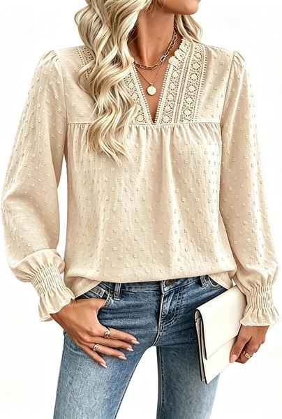 Langarmshirt Damen V-Ausschnitt Boho Bluse Apricot Herbst S