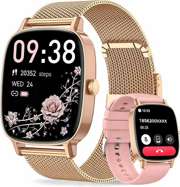 Smartwatch Damen 1.85 Zoll Touchscreen, Telefonfunktion, 120+ Sportmodi, IP68, Gold