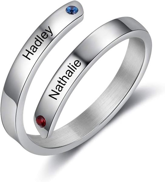 Personalisierter Ring mit Namen und Geburtssteinen, verstellbar für Damen