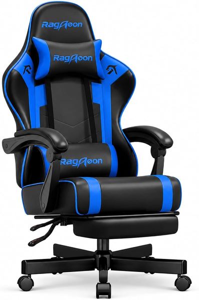 Gaming Stuhl Ergonomisch mit Fußstütze und Kopfstütze, Höhenverstellbar, 220 kg, Schwarzblau