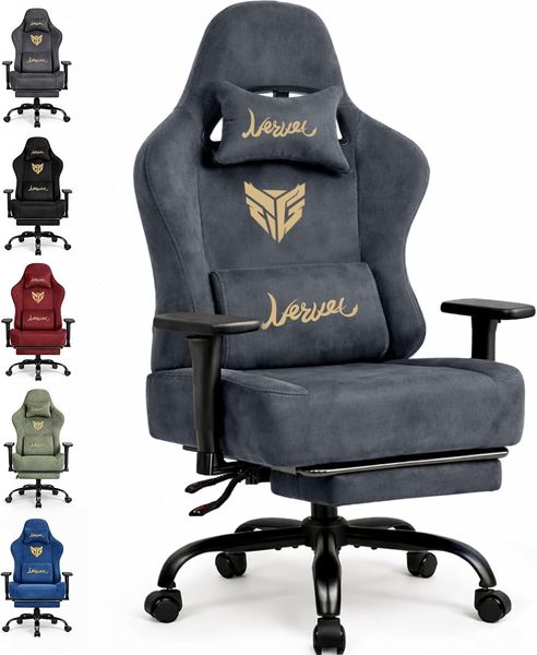 Gaming Stuhl Grau - Wildlederartiger Stoff, 3DArmlehnen, neigbare Rückenlehne, Lenden & Kopfstütze