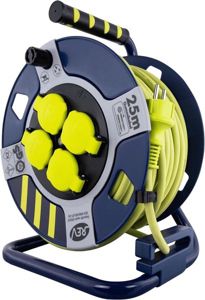 REV Kabeltrommel 25m Outdoor, DGUV-zertifiziert, 4 Steckdosen, IP44, gelb